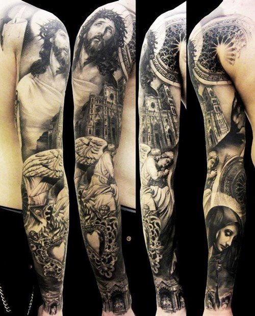 Man Full Sleeve Black And White Jesus Tattoo
